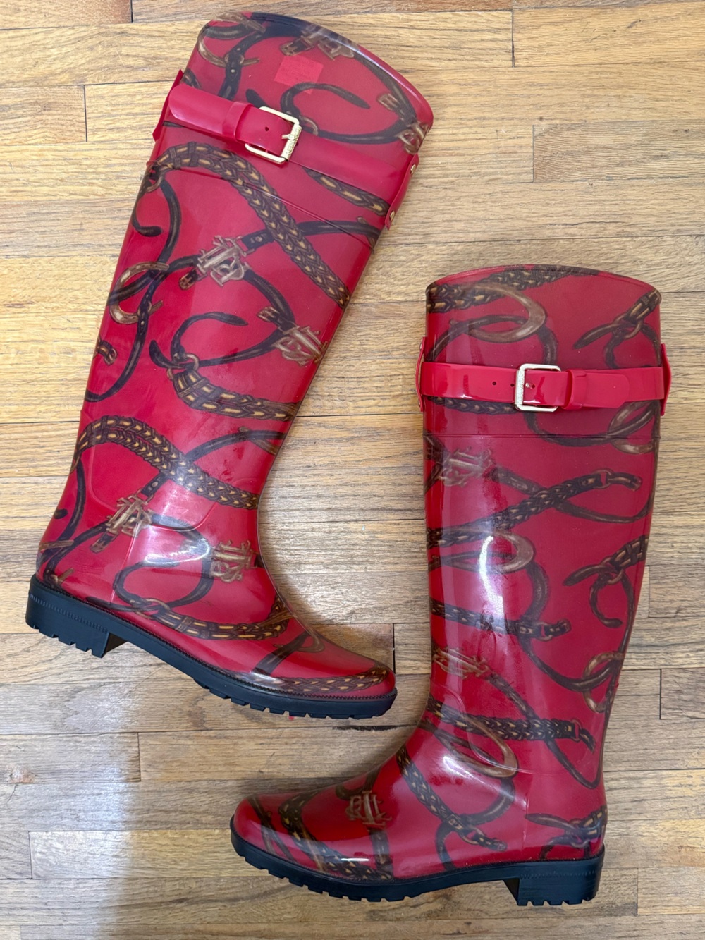 Lauren Ralph Lauren Red Equestrian Chain Print Rain Boots Size 7 - Picture 8 of 10